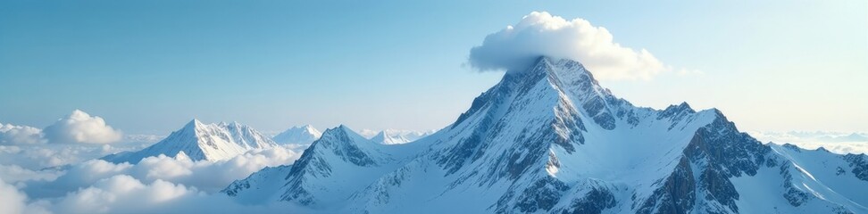 Fototapeta premium A lone cloud clings to the summit of a snow-capped mountain peak, rugged, woolly, hazy