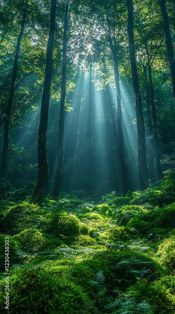Poster Tall trees stretch upwards as soft rays of sunlight spill through the dense leaves, creating a serene and magical atmosphere in the summer forest