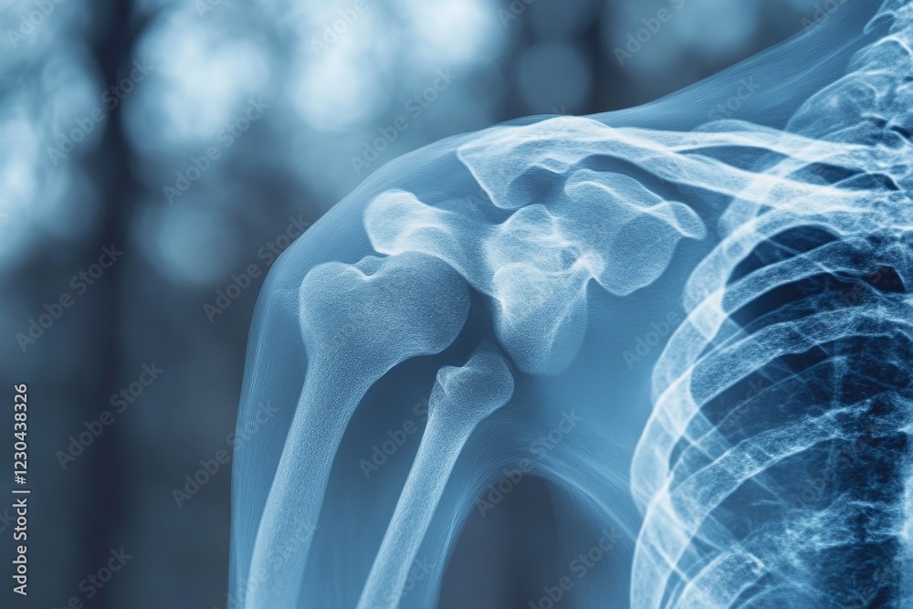 Poster Detailed view of a human shoulder joint highlighting bones and structure through X-ray imaging in a clinical setting