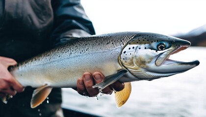 Obraz premium Fisherman Proudly Displaying Large Atlantic Salmon Fish Against A White Background. A Successful Catch On Display. A Proud Moment For The Angler.