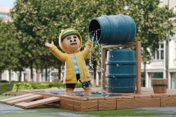 A cute cartoon character in a yellow raincoat enjoys playing in the rain near water barrels.