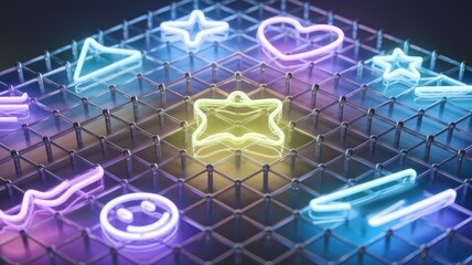 Obraz premium Neon signs forming various shapes like stars, hearts, and smileys on a grid.