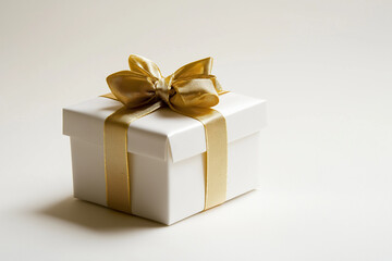 White gift box with shiny gold ribbon bow. Decoration advertising template design. Anniversary celebration and special day with present