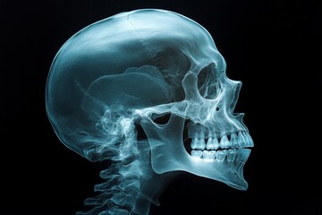 X-ray image of a human skull showcasing detailed bone structure and dental alignment