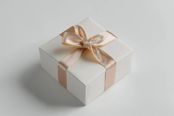 Obraz premium White gift box with shiny gold ribbon bow. Decoration advertising template design. Anniversary celebration and special day with present