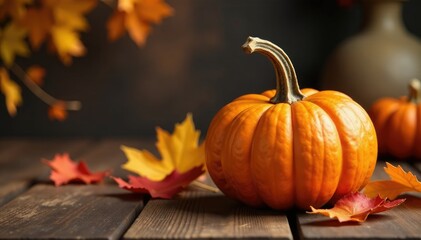 A pumpkin on a wooden table amidst autumn decorations, season, harvest