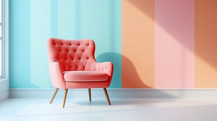 Cozy pink chair against a colorful wall in a bright, modern living space with sunlight