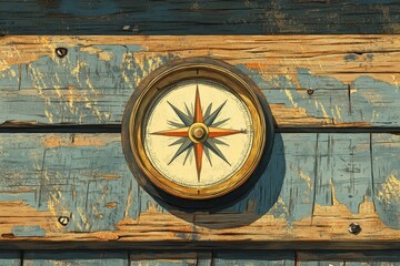 Fototapeta premium Antique Compass on Weathered Wooden Planks