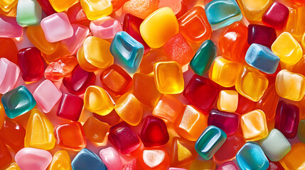 An array of colorful jelly beans, featuring a spectrum of hues and a shiny surface, arranged attractively.