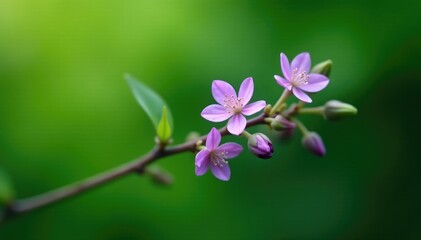 Obraz premium A single branch with a few delicate, purple flowers, green, nature, purple