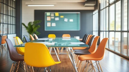 Modern Conference Room with Stylish Chairs and Green Chalkboard