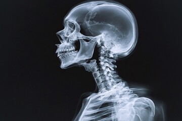 Detailed lateral view of human skull and cervical spine in x-ray image showcasing skeletal structure and alignment
