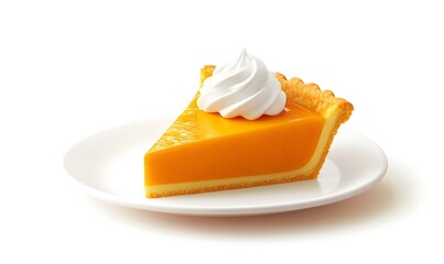Studio shot Pumpkin pie slice, whipped cream, white plate, dessert, food photography