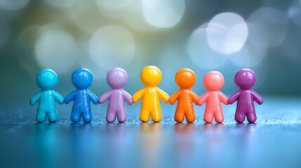 Colorful figures holding hands, unity concept, blurred background, teamwork illustration, ideal for diversity, inclusion, and collaboration projects