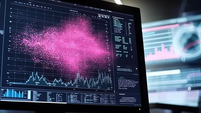 A closeup of a monitor screen filled with mixed graphssome depicting trends over time others showing correlation coefficientsset against a dark background for contrast.