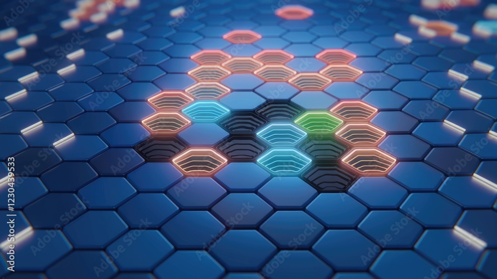 Poster Abstract 3D rendering of a honeycomb pattern with glowing neon hexagons in vibrant colors.
