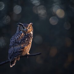 Majestic Owl Perched on a Branch at Twilight with Soft Bokeh Background