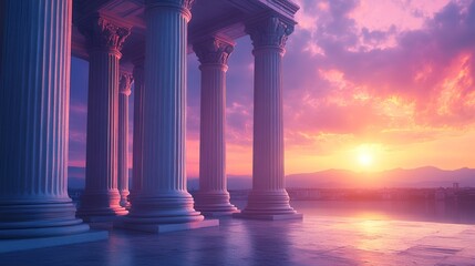 Majestic columns at sunset, overlooking a cityscape, serene and peaceful; ideal for travel, architecture, or historical contexts