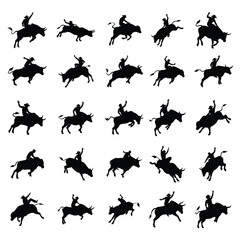 Cowboys balancing on bulls in rodeo vector silhouette illustration.Bull Riding Vector Silhouette