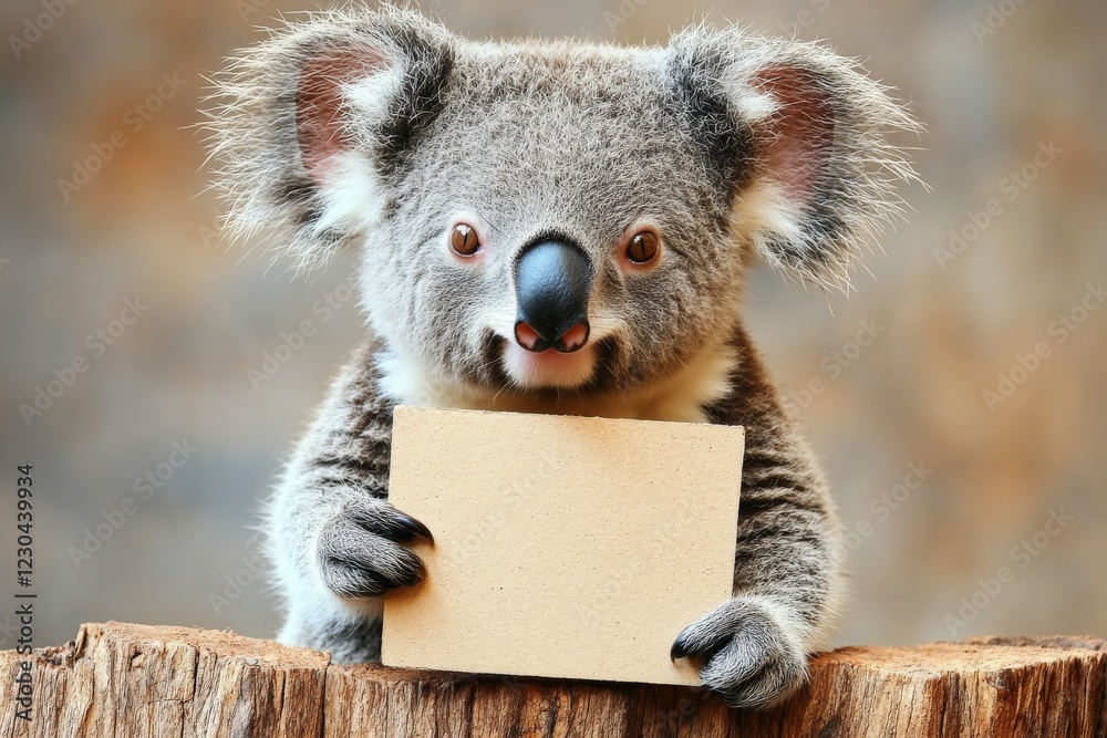Poster koala holds a blank card while sitting on a tree stump in a natural setting during daylight