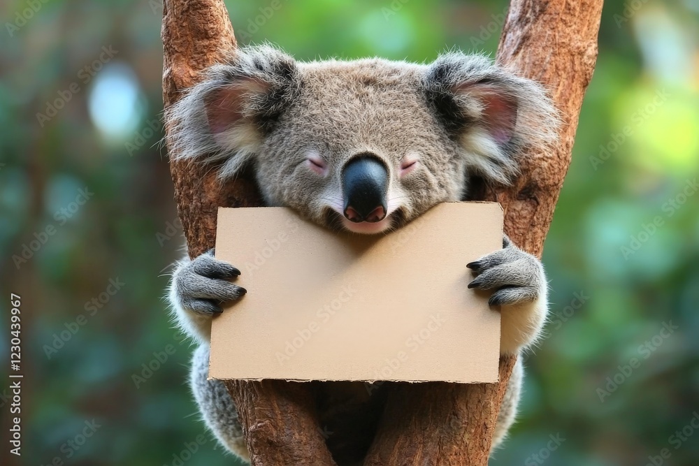 Poster koala resting on tree branch while holding a blank sign in a natural habitat during daylight