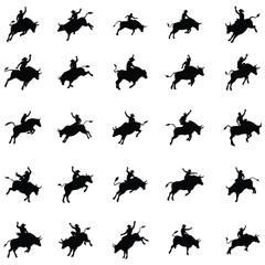 Cowboys balancing on bulls in rodeo vector silhouette illustration.Bull Riding Vector Silhouette
