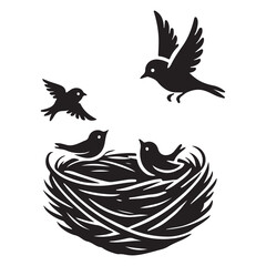 Obraz premium Bird Family in Nest Silhouette Illustration