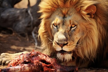 Big Male Lion Eating Animal Carcass in Closeup. Eye-catching Shot of Lion Enjoying Meat as Food