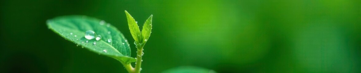 Water droplets on the surface of a small stem with green leaf, closeup, water drop, micro photography