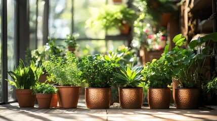 Fototapeta premium A row of potted plants with a variety of sizes and shapes