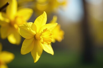 Obraz premium Forsythia golden petals unfurl in early spring, colorful, flowers, springtime