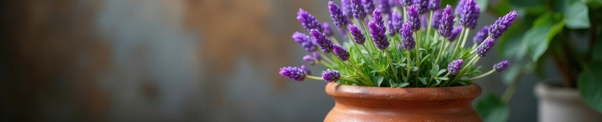 Obraz premium Fragrant lavender blooms in a weathered earthenware pot, earthy, garden decor, botanical