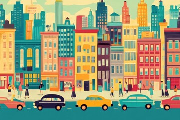 Colorful City Street Scene with People and Cars