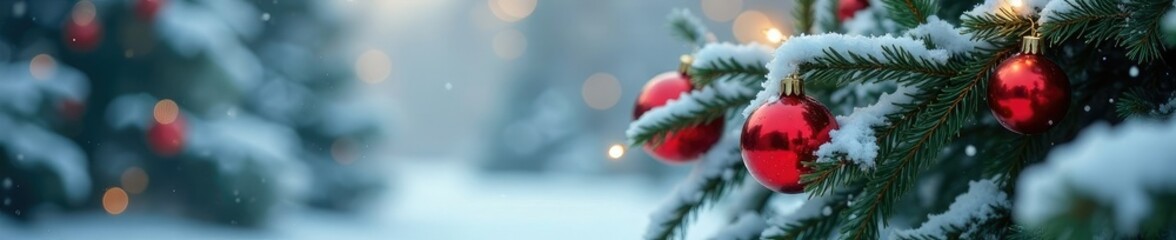 Freshly fallen snow on fir branches with red and white ornaments, , fir trees, festive lights