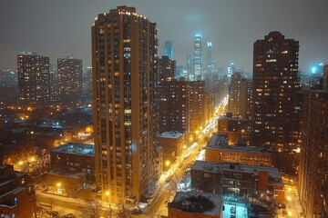City skyline illuminated by streetlights and buildings during a snowy night in a bustling urban environment