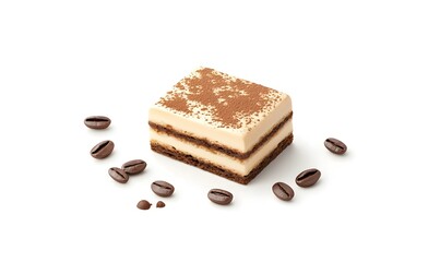 Tiramisu dessert, studio shot, coffee beans, white background, food photography