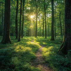 Obraz premium Enchanting Path through Majestic Lush Green Forest with Towering Trees