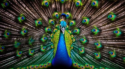 Obraz premium Blue Beauty: Male Peafowl Displaying Colorful Attraction in Aviary