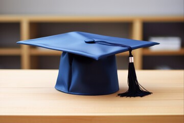 Blue Graduation Cap on Wooden Table: Celebrating Success and Achievements of Graduates at University and College
