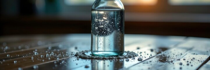Water droplets scattered around a glass bottle of mineral water on a wooden table, water, bottle, reflection