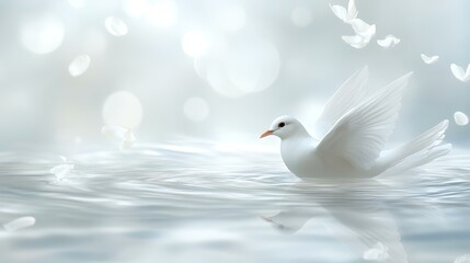Fototapeta premium White dove floating on serene water, petals falling, peaceful background; ideal for sympathy cards or spiritual themes