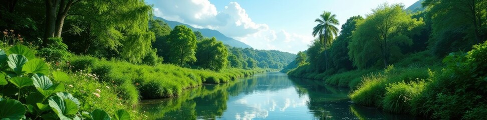 Lush vegetation and overgrown riverbanks meet the summer sky, plants, nature, foliage