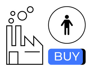 Factory emitting smoke, human figure in a circle, and a blue BUY button. Ideal for ecommerce, manufacturing, consumer behavior, business growth, industrial production, economic trends, market