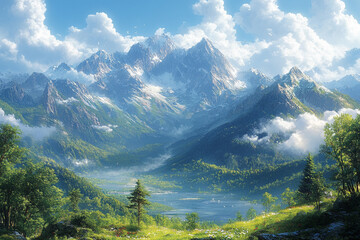 Majestic Mountain Landscape With Serene Valley Lake