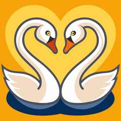 Pair of stylized white swans, heart shape, orange background, minimalist illustration, symmetrical composition, vector art style, romantic concept