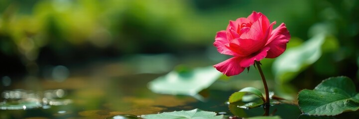 Rosa roja y amarilla floreciendo en un prado verde con una fuente de agua, rosa roja flor, flor,