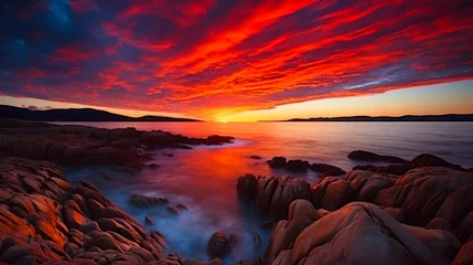 Fotobehang Breathtaking Bay of Fires Sunset in Tasmania, Australia: A Perfect Landscape View to Enjoy Your Holiday or Travel Trip (16:9) © Oleksandr