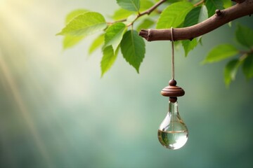 Rustic wooden branch holding a glass wind chime, leaves, rustic