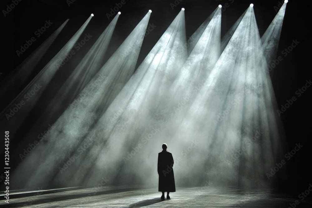 Poster mysterious figure standing under dramatic stage lights in a fog-filled theater during a captivating 