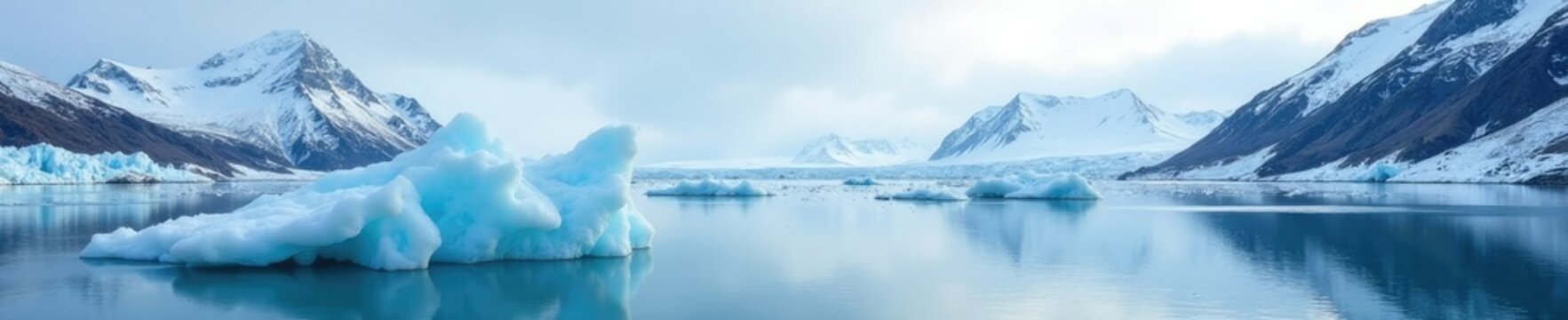 Serene icecap with snow-covered mountains in the background, landscape, glacier, peaceful